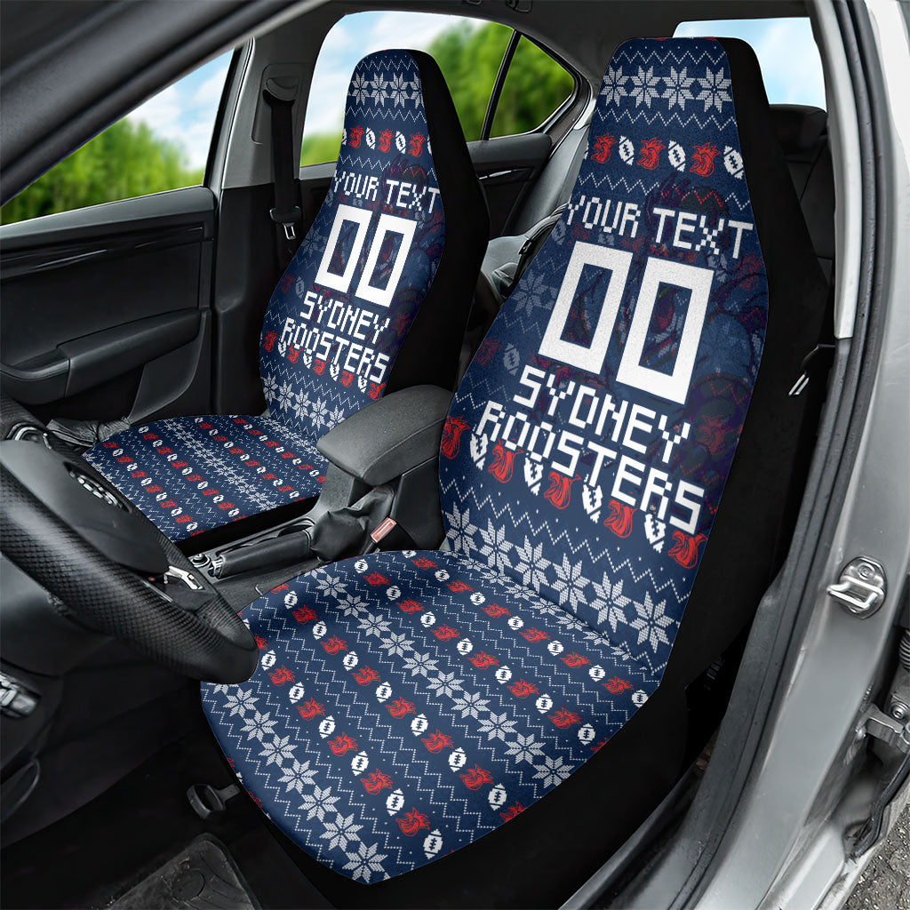 Personalized Sydney Roosters Christmas Car Seat Cover Australian Rugby Fans - Pixelated Ugly Xmas Pattern Mascot Santa