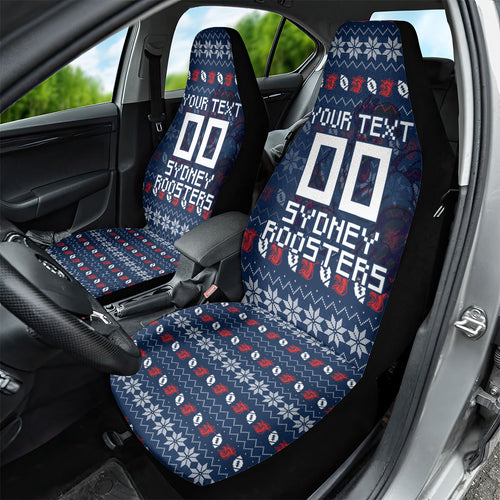 Personalized Sydney Roosters Christmas Car Seat Cover Australian Rugby Fans - Pixelated Ugly Xmas Pattern Mascot Santa
