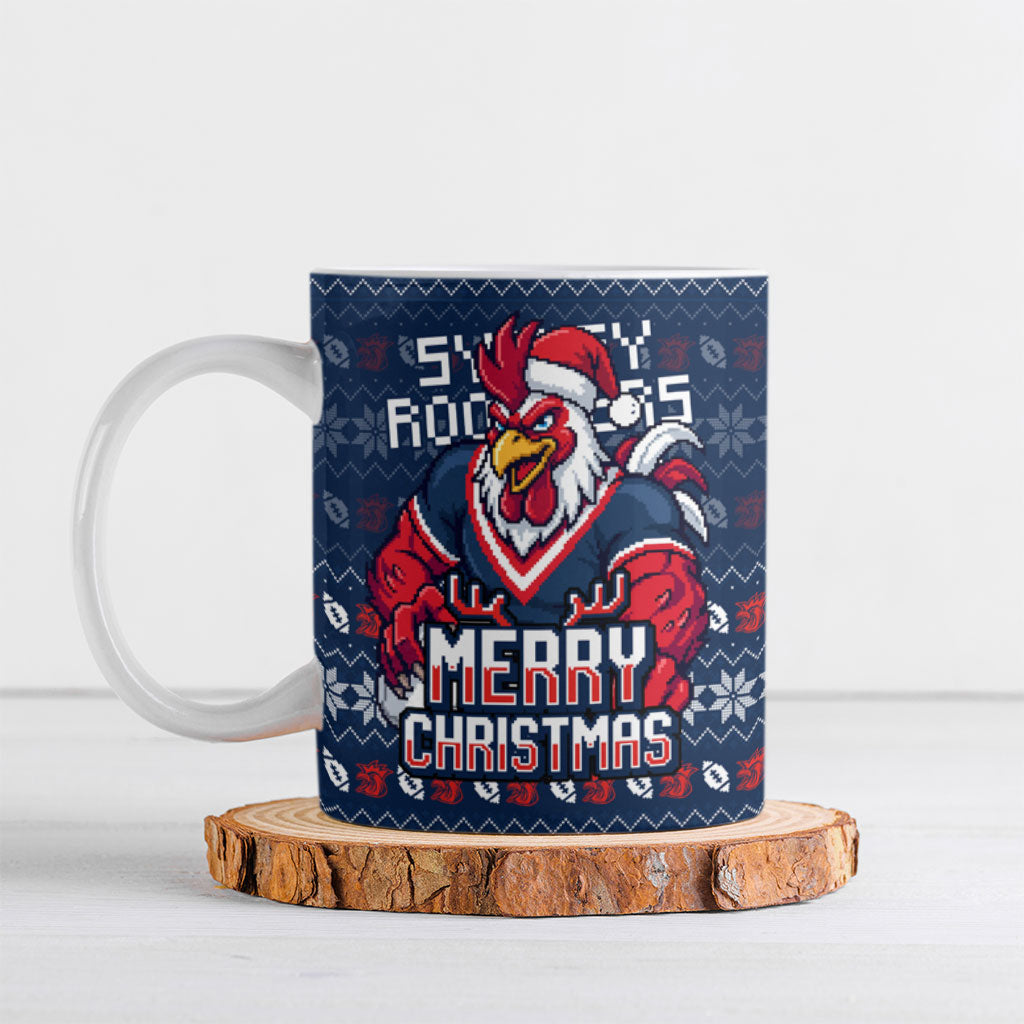Personalized Sydney Roosters Christmas Ceramic Mug Australian Rugby Fans - Pixelated Ugly Xmas Pattern Mascot Santa