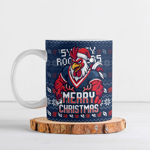 Personalized Sydney Roosters Christmas Ceramic Mug Australian Rugby Fans - Pixelated Ugly Xmas Pattern Mascot Santa