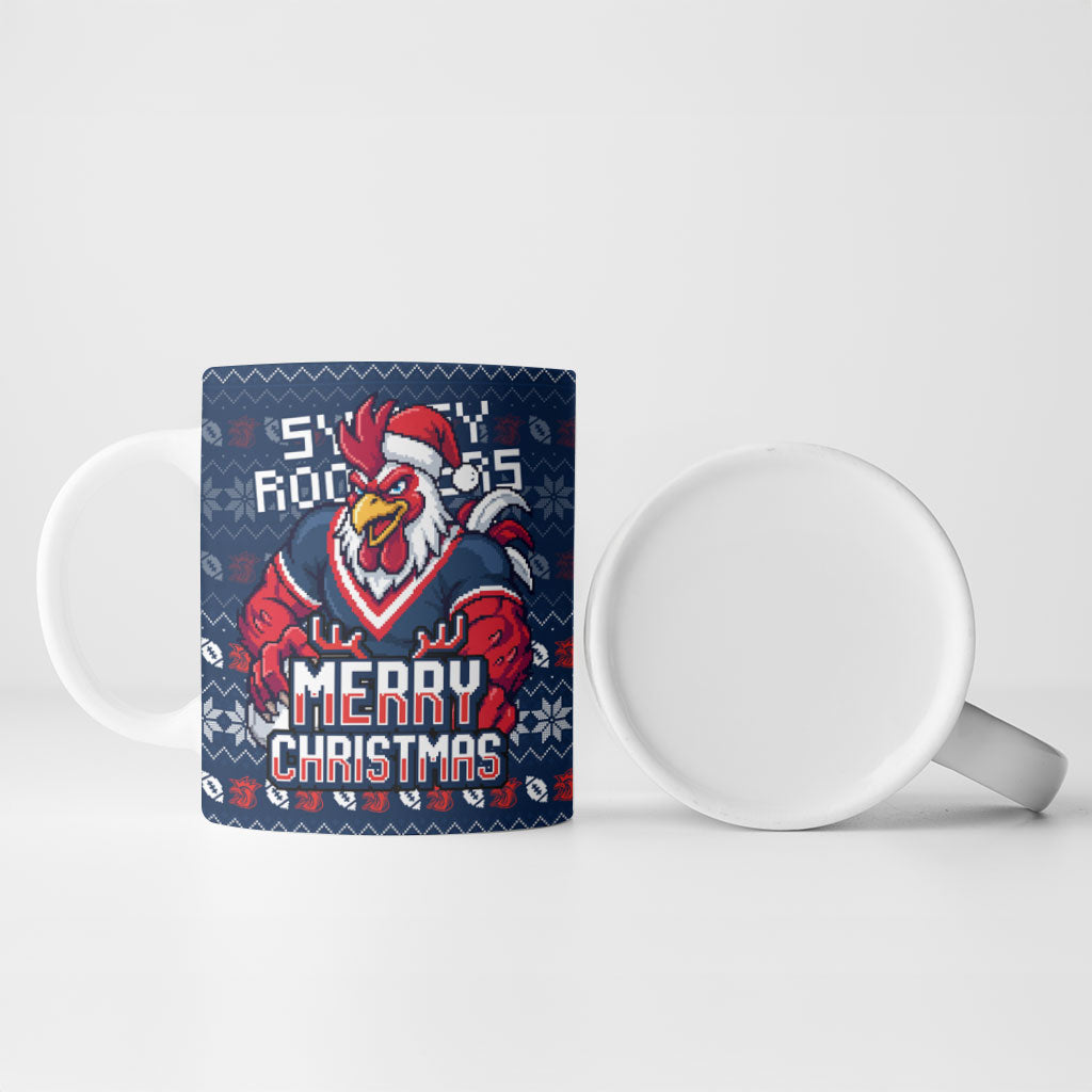 Personalized Sydney Roosters Christmas Ceramic Mug Australian Rugby Fans - Pixelated Ugly Xmas Pattern Mascot Santa
