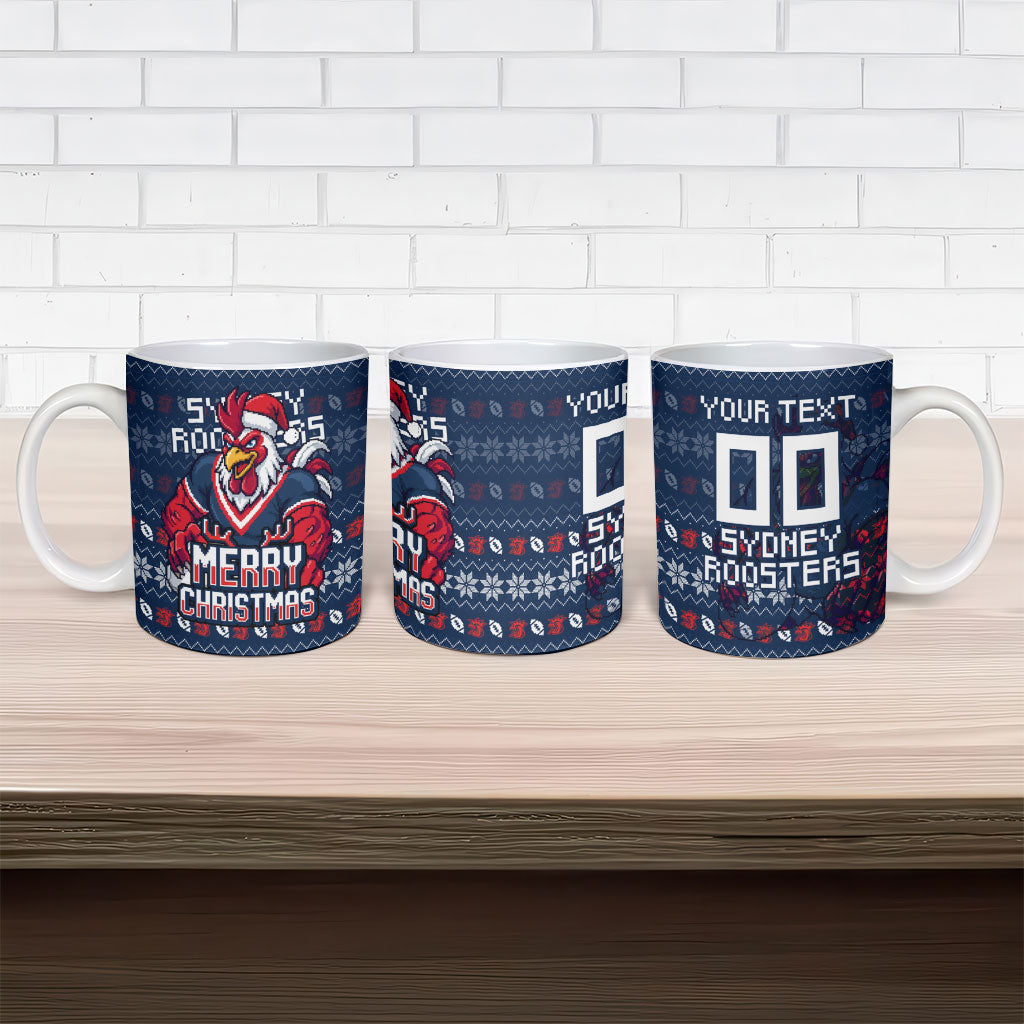 Personalized Sydney Roosters Christmas Ceramic Mug Australian Rugby Fans - Pixelated Ugly Xmas Pattern Mascot Santa