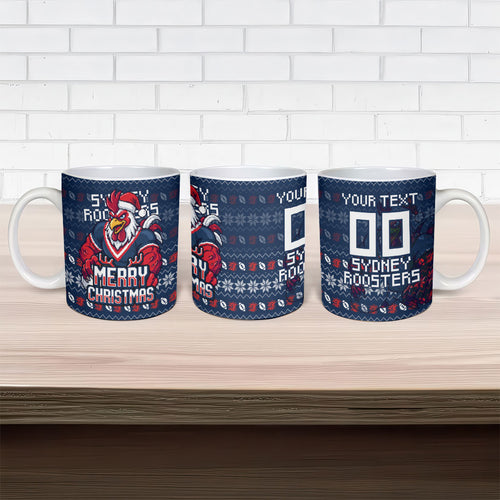 Personalized Sydney Roosters Christmas Ceramic Mug Australian Rugby Fans - Pixelated Ugly Xmas Pattern Mascot Santa
