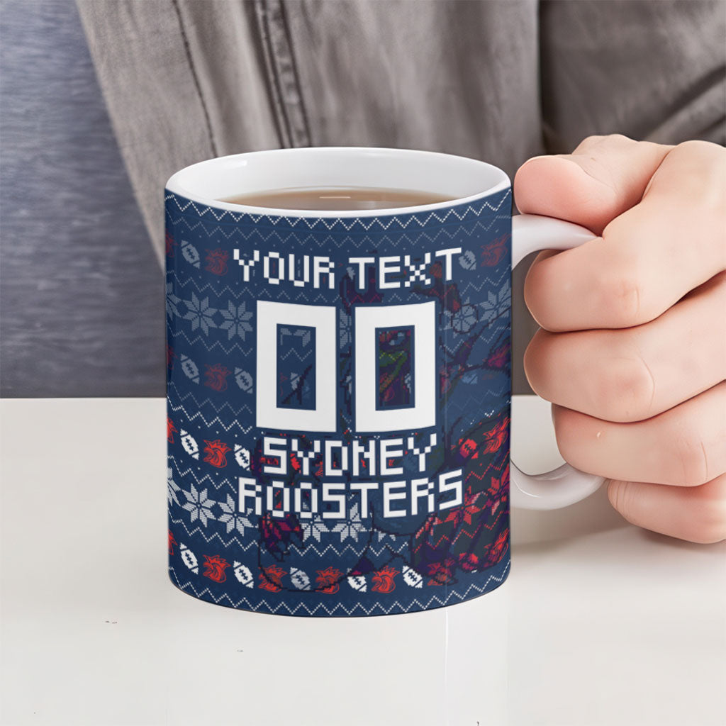 Personalized Sydney Roosters Christmas Ceramic Mug Australian Rugby Fans - Pixelated Ugly Xmas Pattern Mascot Santa