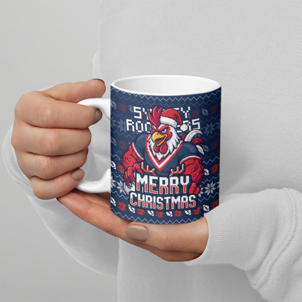Personalized Sydney Roosters Christmas Ceramic Mug Australian Rugby Fans - Pixelated Ugly Xmas Pattern Mascot Santa