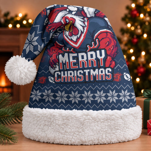 Sydney Roosters Christmas Santa Hat Australian Rugby Fans - Pixelated Ugly Xmas Pattern Mascot Santa