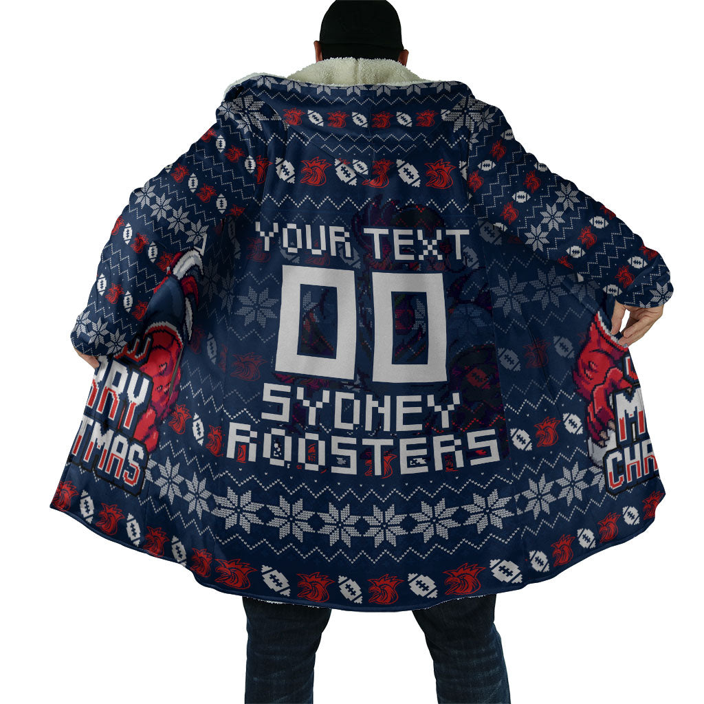 Personalized Sydney Roosters Christmas Cloak Australian Rugby Fans - Pixelated Ugly Xmas Pattern Mascot Santa