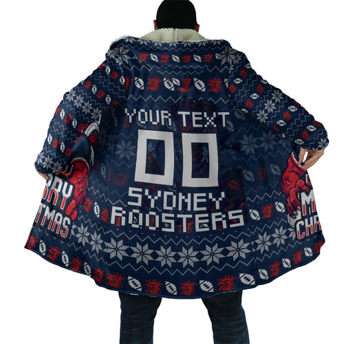 Personalized Sydney Roosters Christmas Cloak Australian Rugby Fans - Pixelated Ugly Xmas Pattern Mascot Santa
