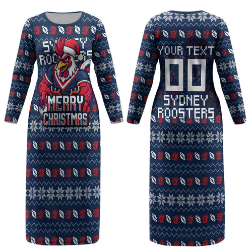 Personalized Sydney Roosters Christmas Couples Matching Long Sleeve Bodycon Dress and Long Sleeve Button Shirt Australian Rugby Fans - Pixelated Ugly Xmas Pattern Mascot Santa
