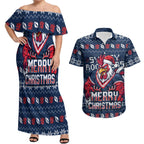 Personalized Sydney Roosters Christmas Couples Matching Off Shoulder Maxi Dress and Hawaiian Shirt Australian Rugby Fans - Pixelated Ugly Xmas Pattern Mascot Santa