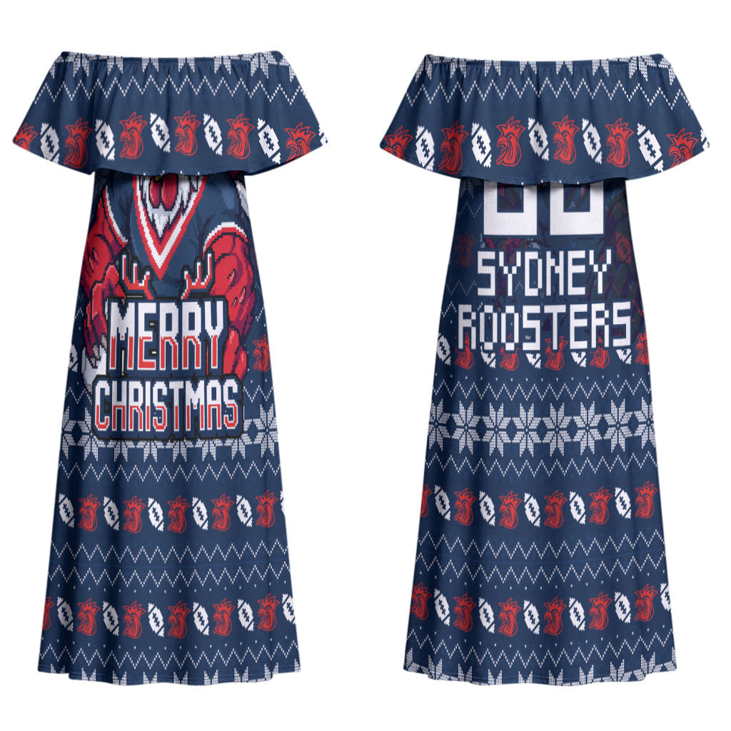 Personalized Sydney Roosters Christmas Couples Matching Off Shoulder Maxi Dress and Hawaiian Shirt Australian Rugby Fans - Pixelated Ugly Xmas Pattern Mascot Santa