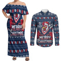 Personalized Sydney Roosters Christmas Couples Matching Off Shoulder Maxi Dress and Long Sleeve Button Shirt Australian Rugby Fans - Pixelated Ugly Xmas Pattern Mascot Santa