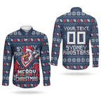 Personalized Sydney Roosters Christmas Couples Matching Off Shoulder Maxi Dress and Long Sleeve Button Shirt Australian Rugby Fans - Pixelated Ugly Xmas Pattern Mascot Santa