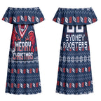 Personalized Sydney Roosters Christmas Couples Matching Off Shoulder Maxi Dress and Long Sleeve Button Shirt Australian Rugby Fans - Pixelated Ugly Xmas Pattern Mascot Santa