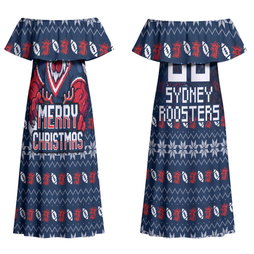 Personalized Sydney Roosters Christmas Couples Matching Off Shoulder Maxi Dress and Long Sleeve Button Shirt Australian Rugby Fans - Pixelated Ugly Xmas Pattern Mascot Santa