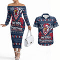 Personalized Sydney Roosters Christmas Couples Matching Off The Shoulder Long Sleeve Dress and Hawaiian Shirt Australian Rugby Fans - Pixelated Ugly Xmas Pattern Mascot Santa