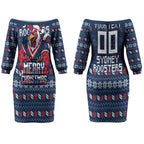 Personalized Sydney Roosters Christmas Couples Matching Off The Shoulder Long Sleeve Dress and Hawaiian Shirt Australian Rugby Fans - Pixelated Ugly Xmas Pattern Mascot Santa