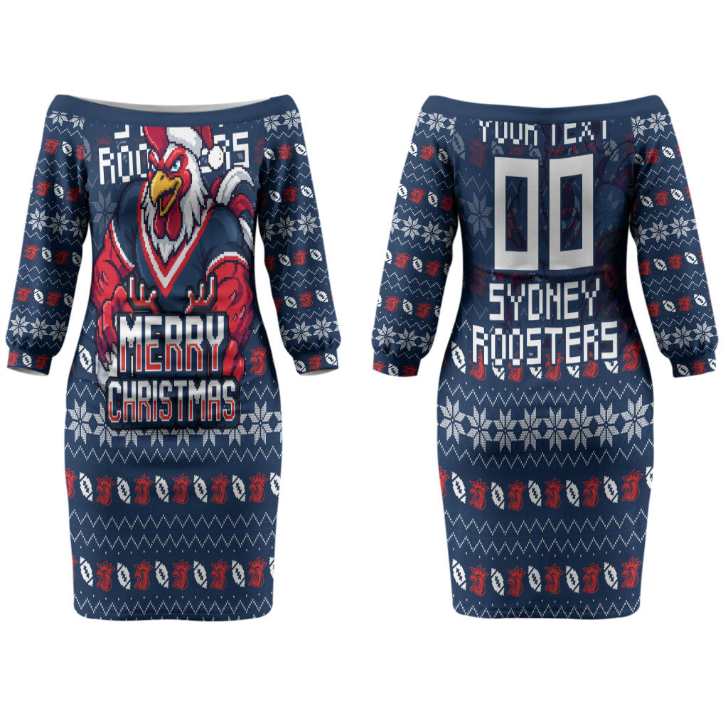 Personalized Sydney Roosters Christmas Couples Matching Off The Shoulder Long Sleeve Dress and Hawaiian Shirt Australian Rugby Fans - Pixelated Ugly Xmas Pattern Mascot Santa