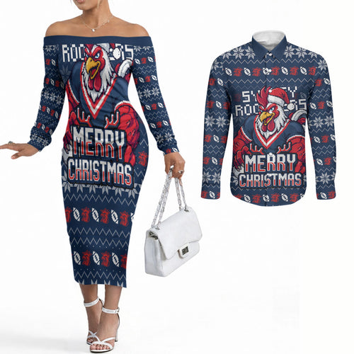 Personalized Sydney Roosters Christmas Couples Matching Off The Shoulder Long Sleeve Dress and Long Sleeve Button Shirt Australian Rugby Fans - Pixelated Ugly Xmas Pattern Mascot Santa