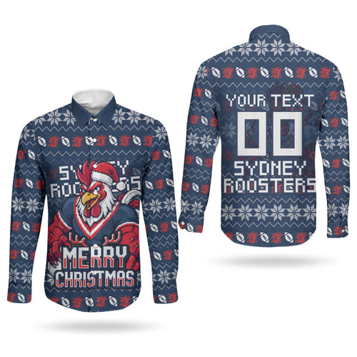 Personalized Sydney Roosters Christmas Couples Matching Off The Shoulder Long Sleeve Dress and Long Sleeve Button Shirt Australian Rugby Fans - Pixelated Ugly Xmas Pattern Mascot Santa