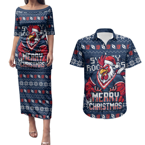 Personalized Sydney Roosters Christmas Couples Matching Puletasi and Hawaiian Shirt Australian Rugby Fans - Pixelated Ugly Xmas Pattern Mascot Santa