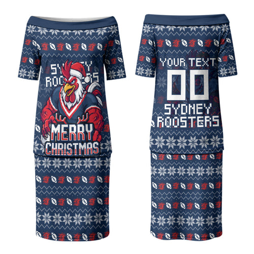 Personalized Sydney Roosters Christmas Couples Matching Puletasi and Hawaiian Shirt Australian Rugby Fans - Pixelated Ugly Xmas Pattern Mascot Santa
