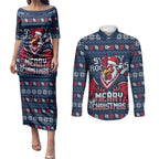 Personalized Sydney Roosters Christmas Couples Matching Puletasi and Long Sleeve Button Shirt Australian Rugby Fans - Pixelated Ugly Xmas Pattern Mascot Santa
