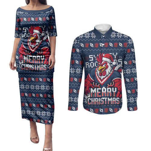 Personalized Sydney Roosters Christmas Couples Matching Puletasi and Long Sleeve Button Shirt Australian Rugby Fans - Pixelated Ugly Xmas Pattern Mascot Santa