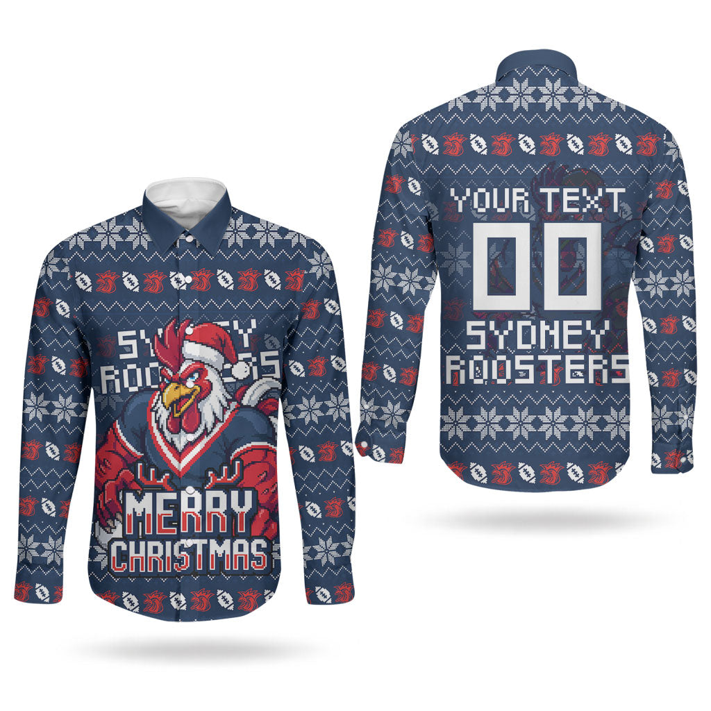 Personalized Sydney Roosters Christmas Couples Matching Puletasi and Long Sleeve Button Shirt Australian Rugby Fans - Pixelated Ugly Xmas Pattern Mascot Santa