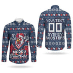 Personalized Sydney Roosters Christmas Couples Matching Puletasi and Long Sleeve Button Shirt Australian Rugby Fans - Pixelated Ugly Xmas Pattern Mascot Santa