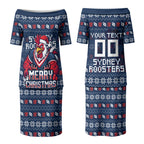Personalized Sydney Roosters Christmas Couples Matching Puletasi and Long Sleeve Button Shirt Australian Rugby Fans - Pixelated Ugly Xmas Pattern Mascot Santa