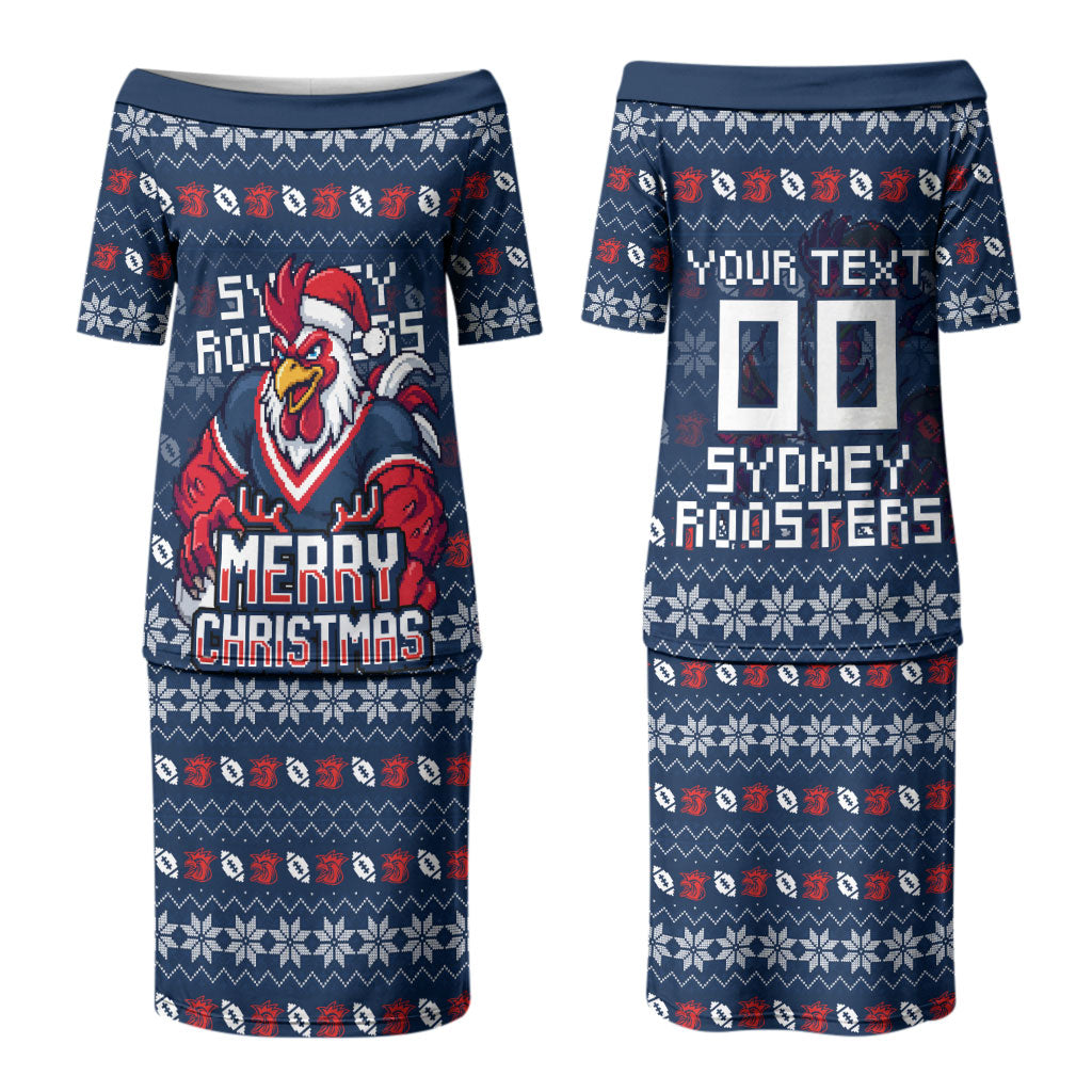 Personalized Sydney Roosters Christmas Couples Matching Puletasi and Long Sleeve Button Shirt Australian Rugby Fans - Pixelated Ugly Xmas Pattern Mascot Santa
