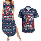 Personalized Sydney Roosters Christmas Couples Matching Summer Maxi Dress and Hawaiian Shirt Australian Rugby Fans - Pixelated Ugly Xmas Pattern Mascot Santa