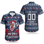 Personalized Sydney Roosters Christmas Couples Matching Summer Maxi Dress and Hawaiian Shirt Australian Rugby Fans - Pixelated Ugly Xmas Pattern Mascot Santa