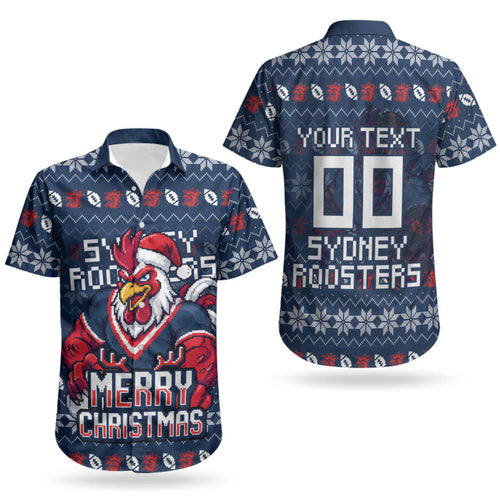 Personalized Sydney Roosters Christmas Couples Matching Summer Maxi Dress and Hawaiian Shirt Australian Rugby Fans - Pixelated Ugly Xmas Pattern Mascot Santa