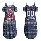 Personalized Sydney Roosters Christmas Couples Matching Summer Maxi Dress and Hawaiian Shirt Australian Rugby Fans - Pixelated Ugly Xmas Pattern Mascot Santa
