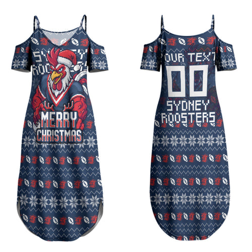 Personalized Sydney Roosters Christmas Couples Matching Summer Maxi Dress and Hawaiian Shirt Australian Rugby Fans - Pixelated Ugly Xmas Pattern Mascot Santa