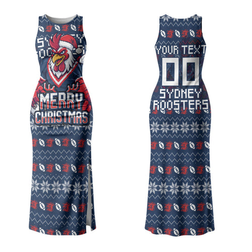 Personalized Sydney Roosters Christmas Couples Matching Tank Maxi Dress and Long Sleeve Button Shirt Australian Rugby Fans - Pixelated Ugly Xmas Pattern Mascot Santa