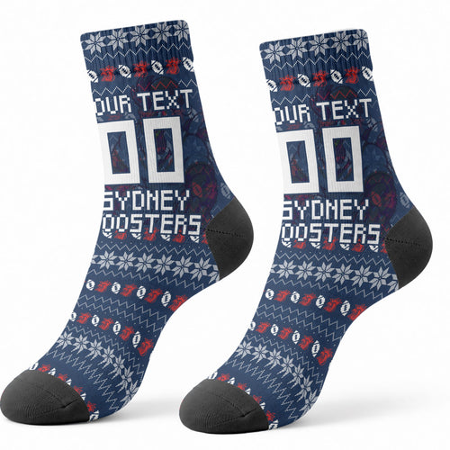 Personalized Sydney Roosters Christmas Crew Socks Australian Rugby Fans - Pixelated Ugly Xmas Pattern Mascot Santa