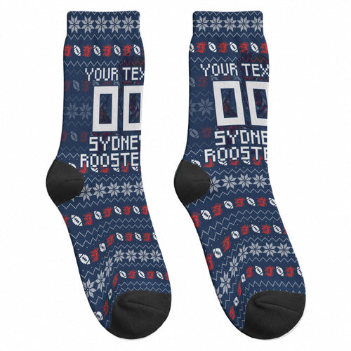Personalized Sydney Roosters Christmas Crew Socks Australian Rugby Fans - Pixelated Ugly Xmas Pattern Mascot Santa