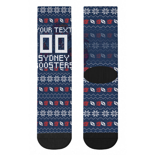 Personalized Sydney Roosters Christmas Crew Socks Australian Rugby Fans - Pixelated Ugly Xmas Pattern Mascot Santa