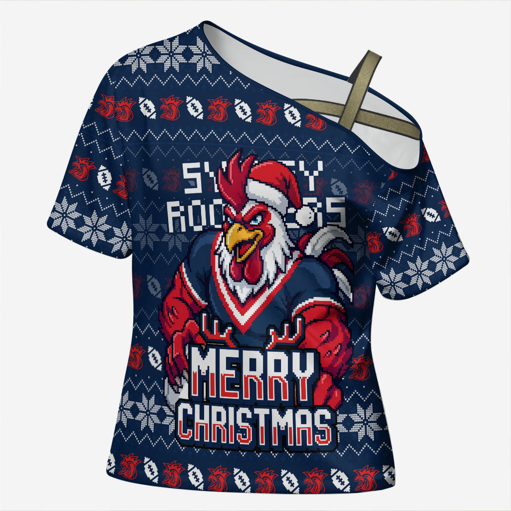 Personalized Sydney Roosters Christmas Cross Shoulder Shirt Australian Rugby Fans - Pixelated Ugly Xmas Pattern Mascot Santa