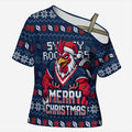 Personalized Sydney Roosters Christmas Cross Shoulder Shirt Australian Rugby Fans - Pixelated Ugly Xmas Pattern Mascot Santa