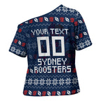 Personalized Sydney Roosters Christmas Cross Shoulder Shirt Australian Rugby Fans - Pixelated Ugly Xmas Pattern Mascot Santa