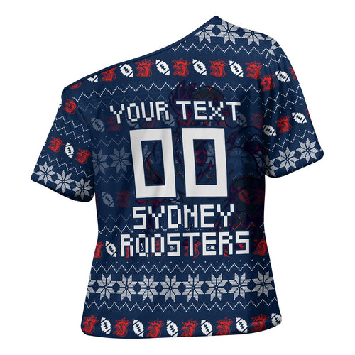 Personalized Sydney Roosters Christmas Cross Shoulder Shirt Australian Rugby Fans - Pixelated Ugly Xmas Pattern Mascot Santa