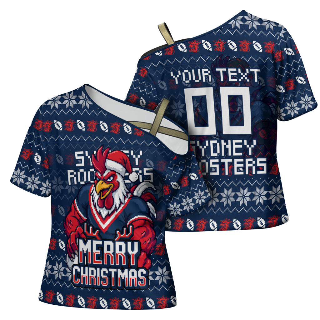 Personalized Sydney Roosters Christmas Cross Shoulder Shirt Australian Rugby Fans - Pixelated Ugly Xmas Pattern Mascot Santa