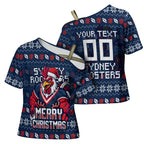 Personalized Sydney Roosters Christmas Cross Shoulder Shirt Australian Rugby Fans - Pixelated Ugly Xmas Pattern Mascot Santa