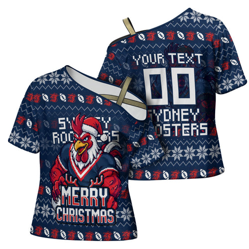 Personalized Sydney Roosters Christmas Cross Shoulder Shirt Australian Rugby Fans - Pixelated Ugly Xmas Pattern Mascot Santa
