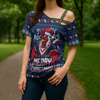 Personalized Sydney Roosters Christmas Cross Shoulder Shirt Australian Rugby Fans - Pixelated Ugly Xmas Pattern Mascot Santa