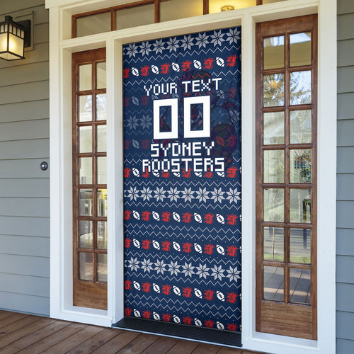 Personalized Sydney Roosters Christmas Door Cover Australian Rugby Fans - Pixelated Ugly Xmas Pattern Mascot Santa